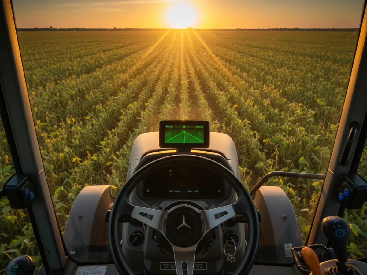 Vista desde la cabina de un tractor con autoguiado (o dirección asistida) en un campo de soya o maíz en América Latina. Ilustra la alta adopción de hardware de precisión y el optimismo de ganancias del sector Agtech regional.