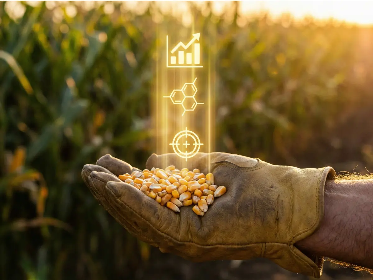Mano de agricultor con granos de maíz proyectando íconos holográficos de ROI (gráfico), finanzas de carbono (estructura molecular) y calidad (mira). Representa el valor generado por la IA en la agricultura de precisión.
